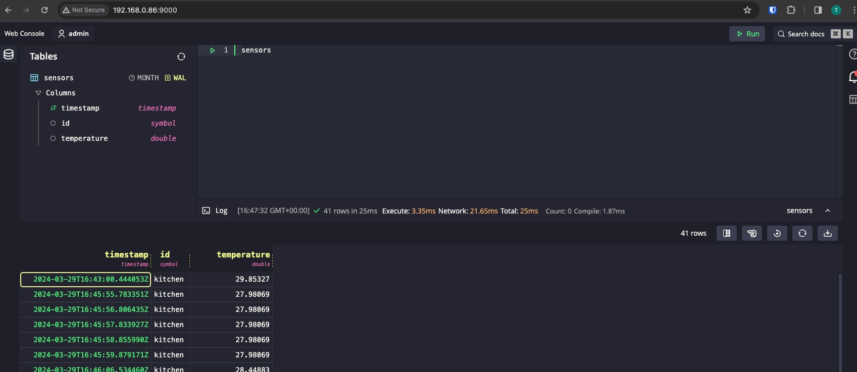 The QuestDB dashboard. It's neat and colourful, with a query space, and then the results of the query.