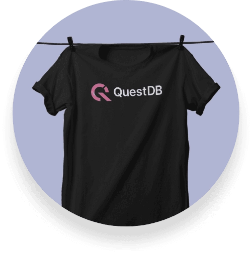 A black t-shirt with the QuestDB logo printed on the front